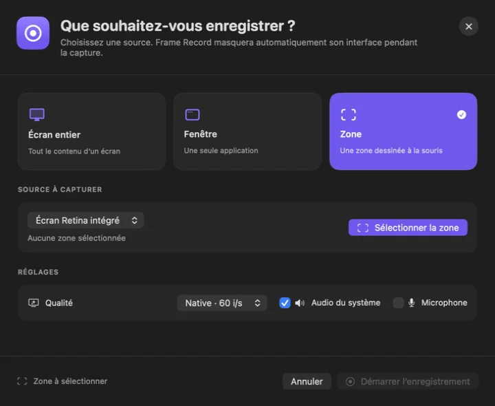 Frame Record affichant le choix entre l’écran entier, une fenêtre et une zone personnalisée