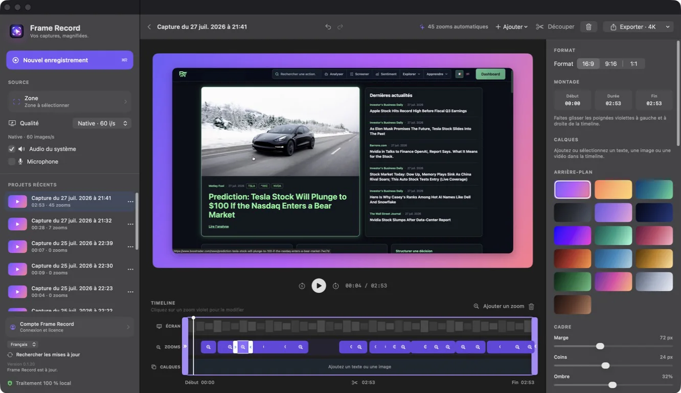 Frame Record video editor with preview, automatic zooms and timeline